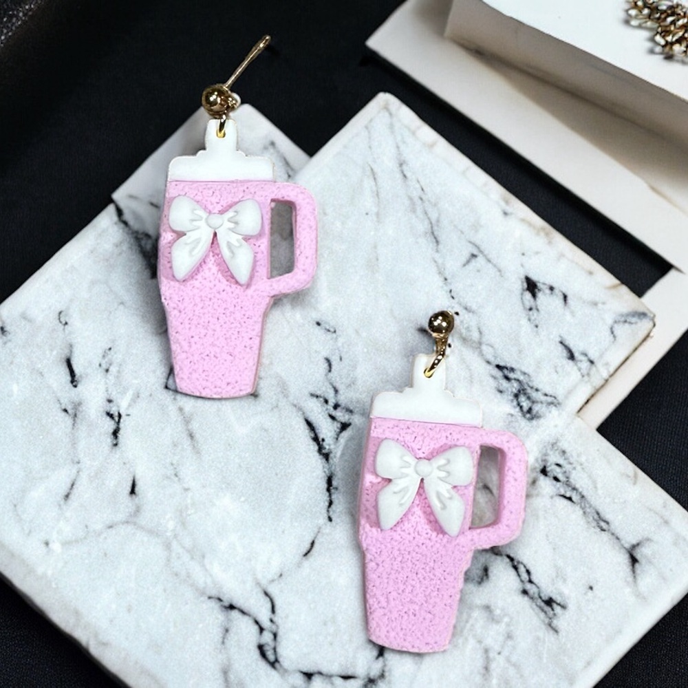 Stanley Cup Bows Polymer Clay Dangle Earrings